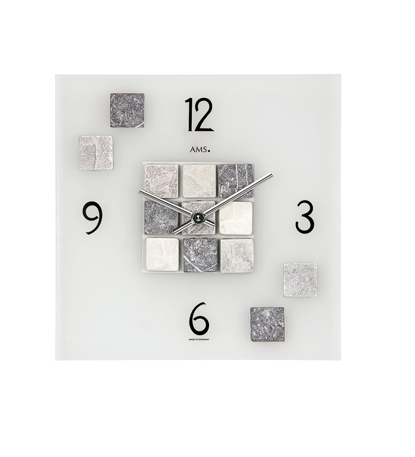 Wanduhr mit Natursteinfliesen, Ziffernblatt mit Mineralglas und Quarzwerk