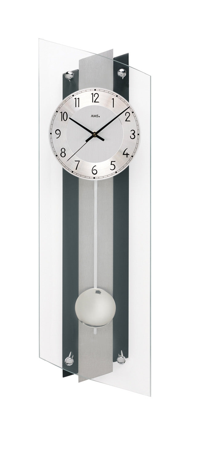 Wanduhr mit Rundzifferblatt und Pendel, schwarze Zeiger, Mineralglas