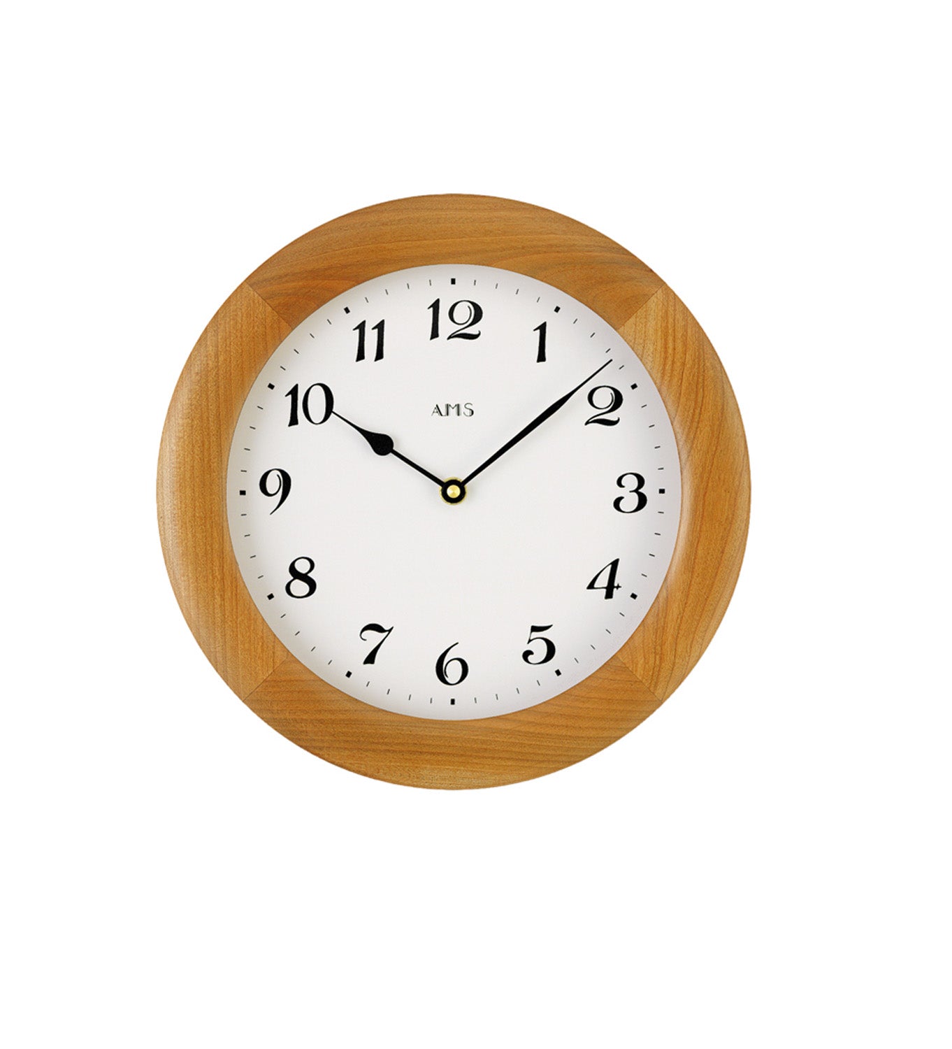 Wanduhr mit rundem Holzgehäuse, weißem Zifferblatt und schwarzen Zeigern
