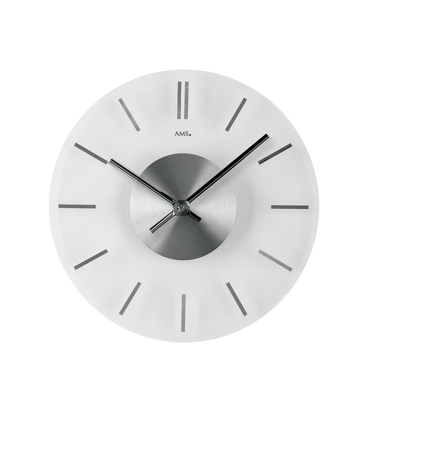Wanduhr mit rundem weißem Zifferblatt, dunklem Einsatz und schwarzen Zeigern