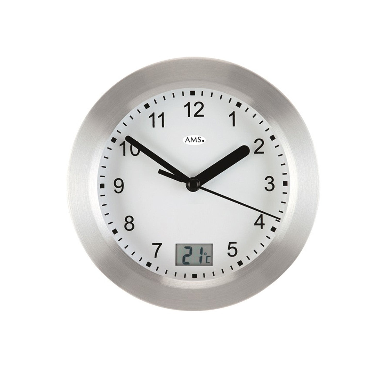 Runde Quarz-Wanduhr mit silbernem Rahmen, weißem Zifferblatt, schwarzen Zeigern und Datumsanzeige