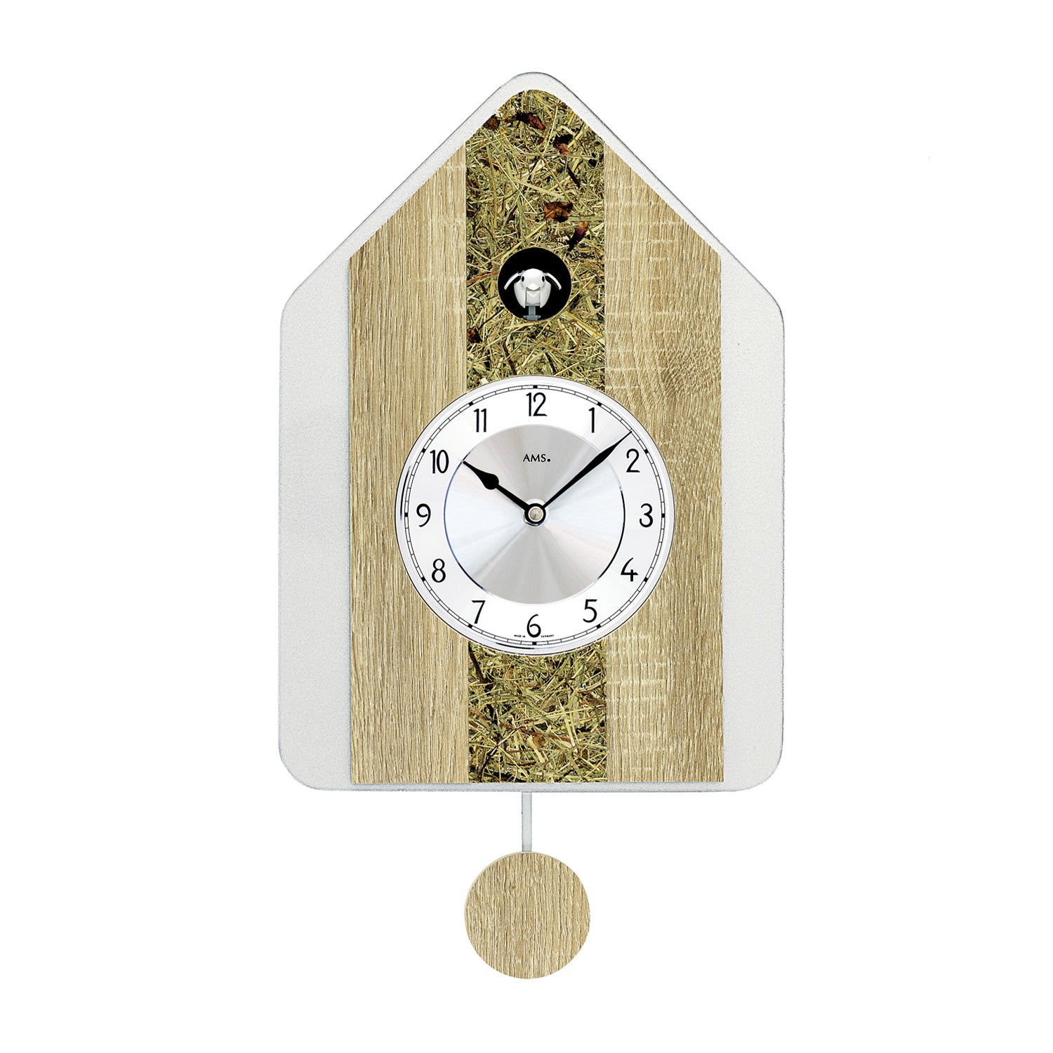 Wanduhr im Hausdesign mit Holzgehäuse, weißem Zifferblatt und Pendelgewicht
