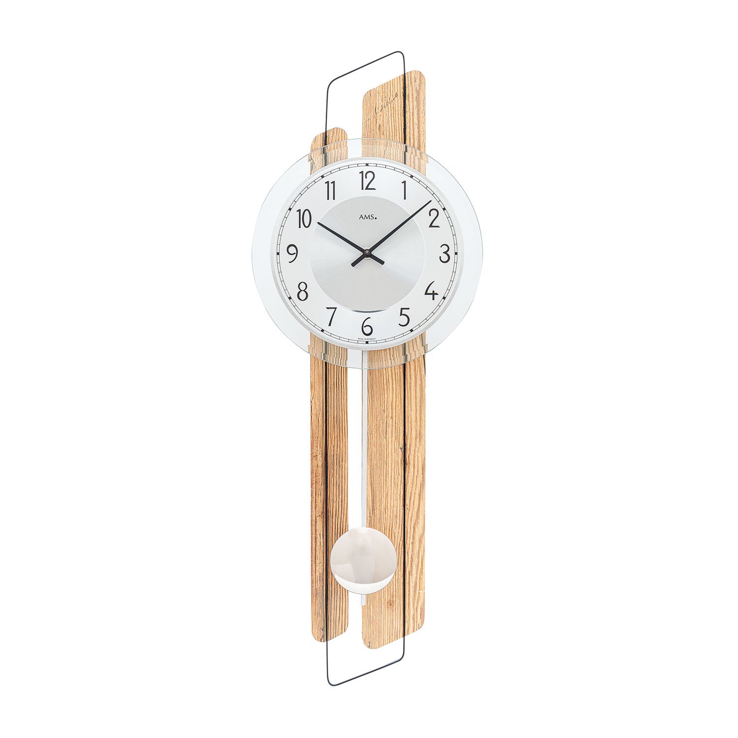 Wanduhr mit Holzrahmen und rundem Zifferblatt, schwarze Zeiger, Pendelgewicht