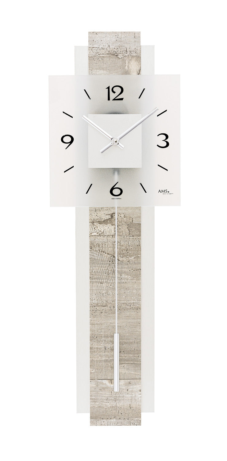 Wanduhr mit Quarz-Uhrwerk, kreuzförmiges Zifferblatt und Pendel, satiniertes Glas