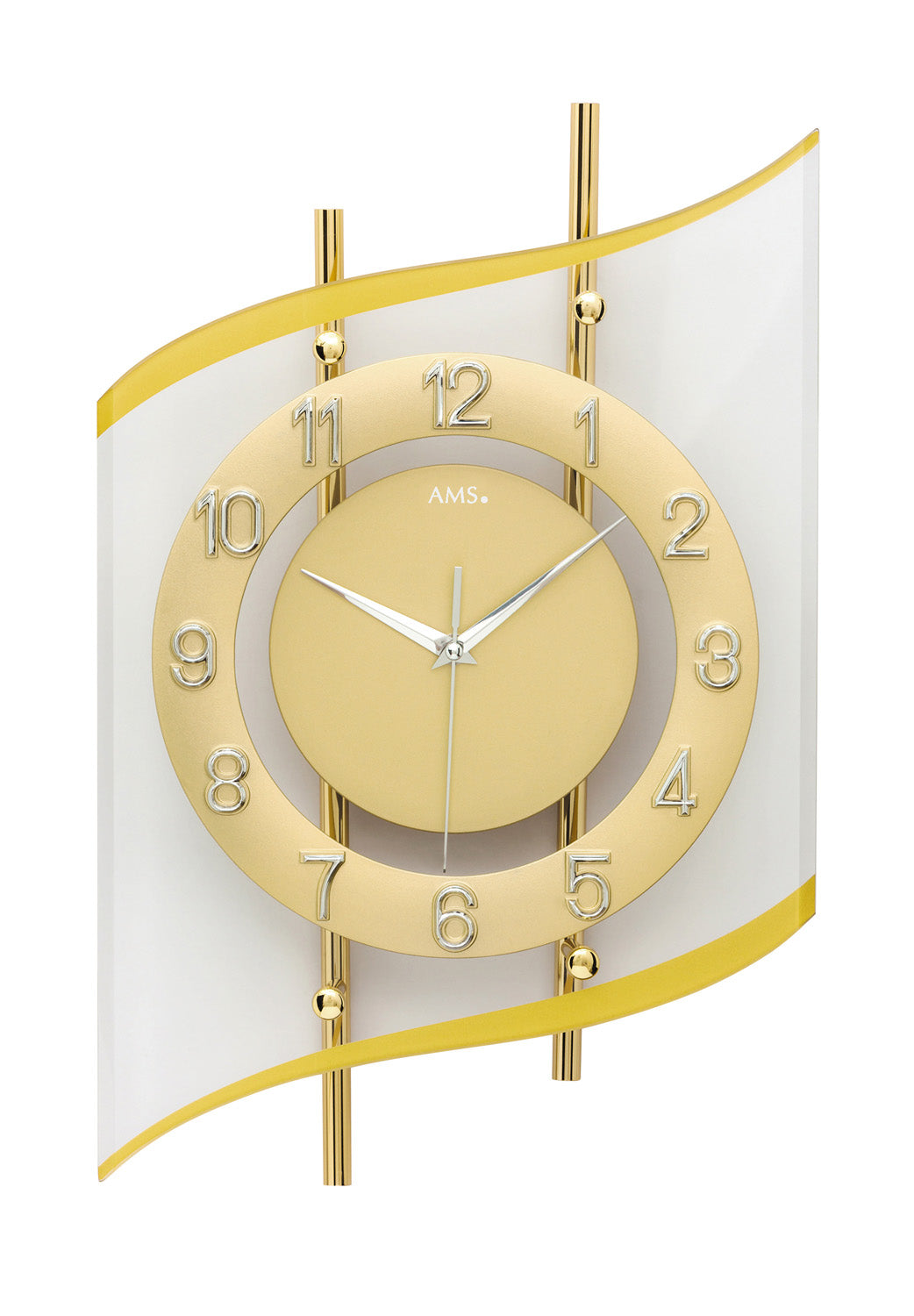 Goldene Wanduhr mit Quarzwerk, rundem Zahlenring und Mineralglas, Ziffernblatt in Gold