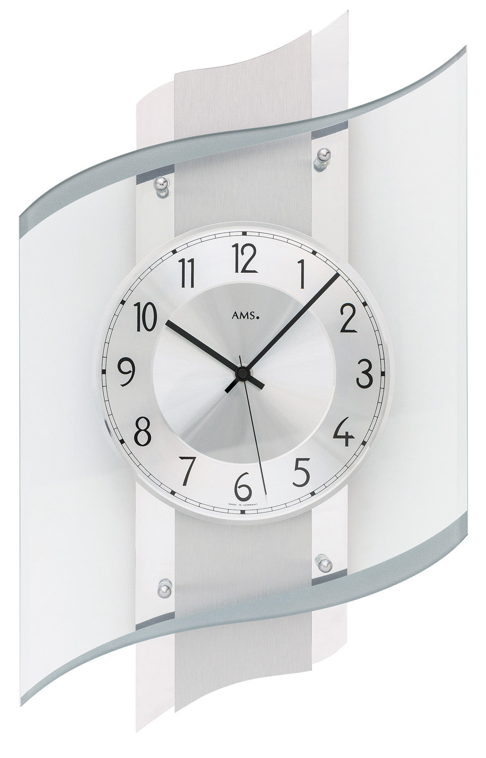 Runde Wanduhr mit weißem Zifferblatt, schwarzen Zeigern und klarer Glasabdeckung
