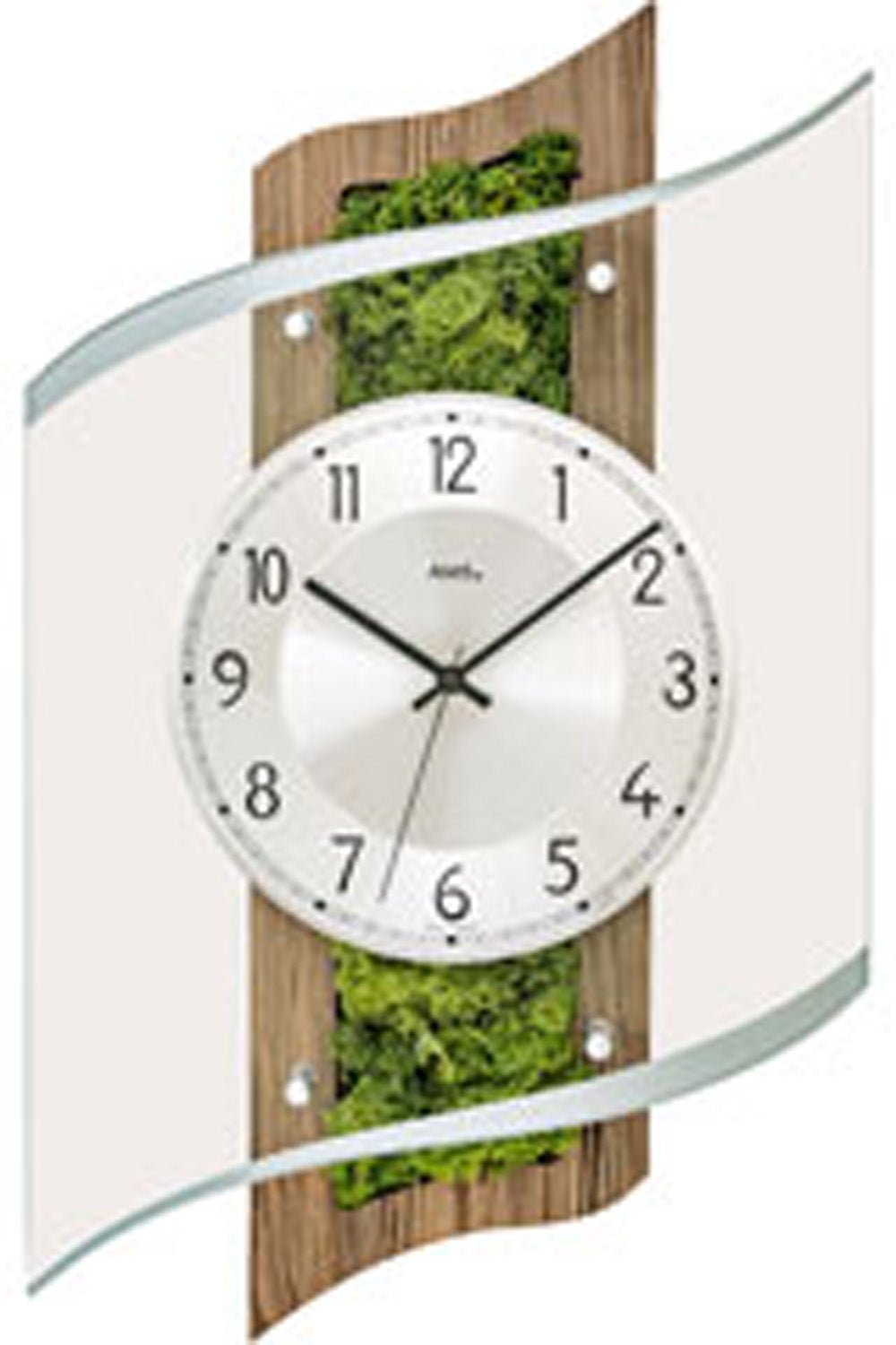 Runde Wanduhr mit Holzrahmen, weißem Zifferblatt, schwarzen Zeigern und arabischen Ziffern.