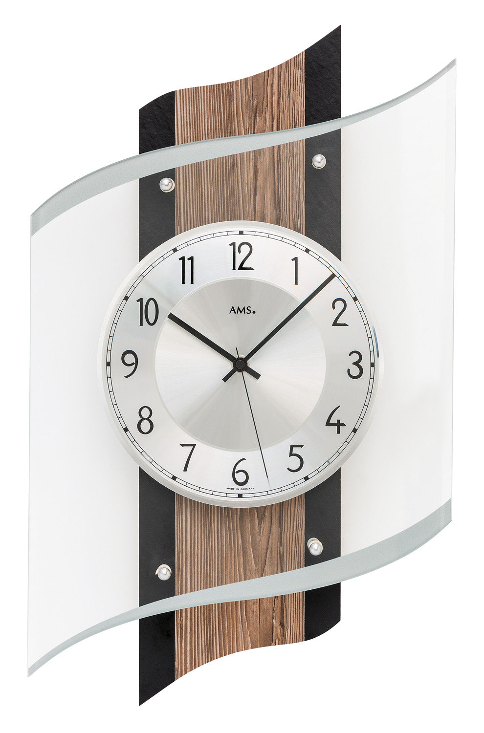 Wanduhr mit rundem Holz- und schwarzem Rahmen, weißem Zifferblatt und schwarzen Zeigern