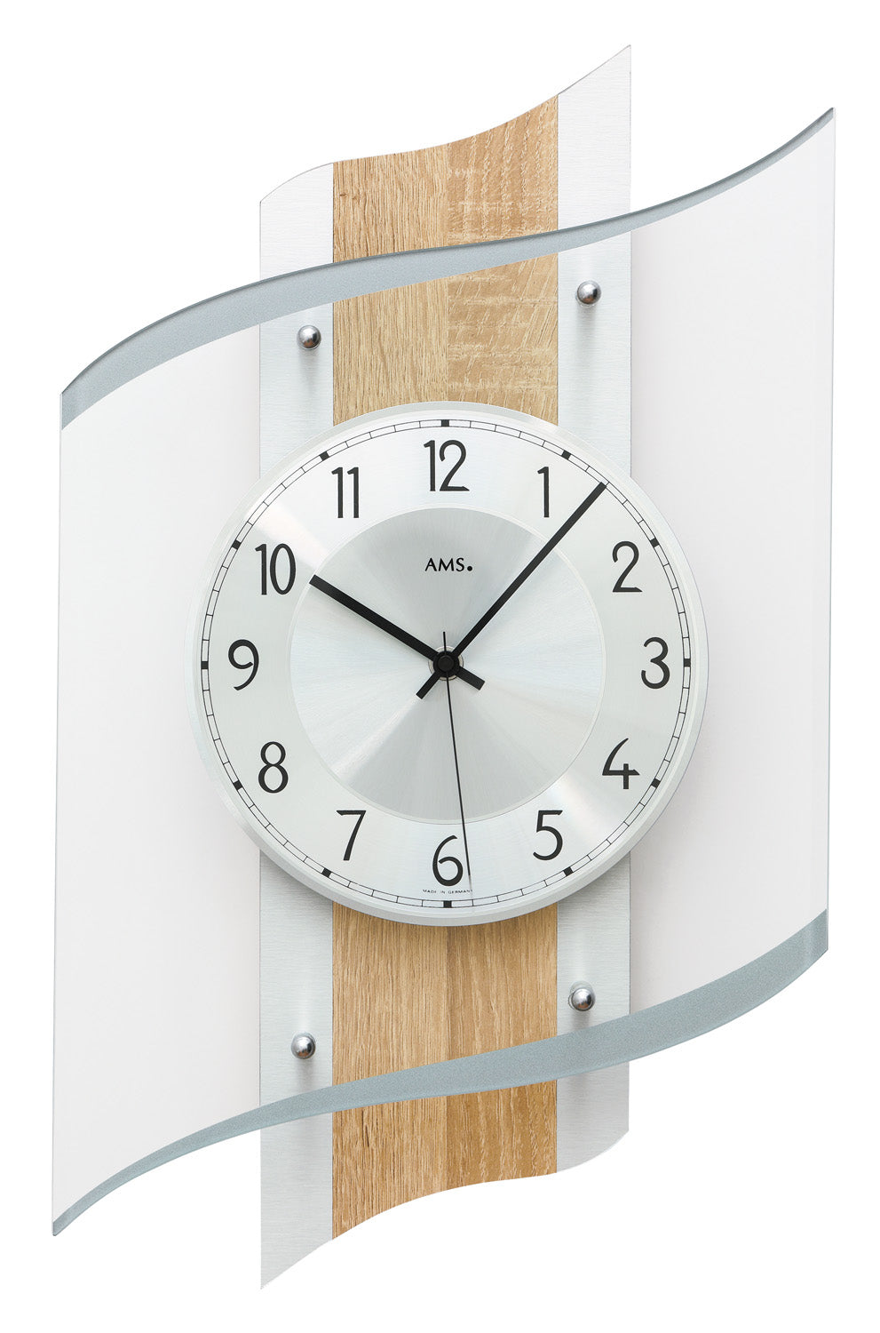 Wanduhr mit rundem Zifferblatt, schwarzem Zeigern, Holz- und Aluminiumrahmen.