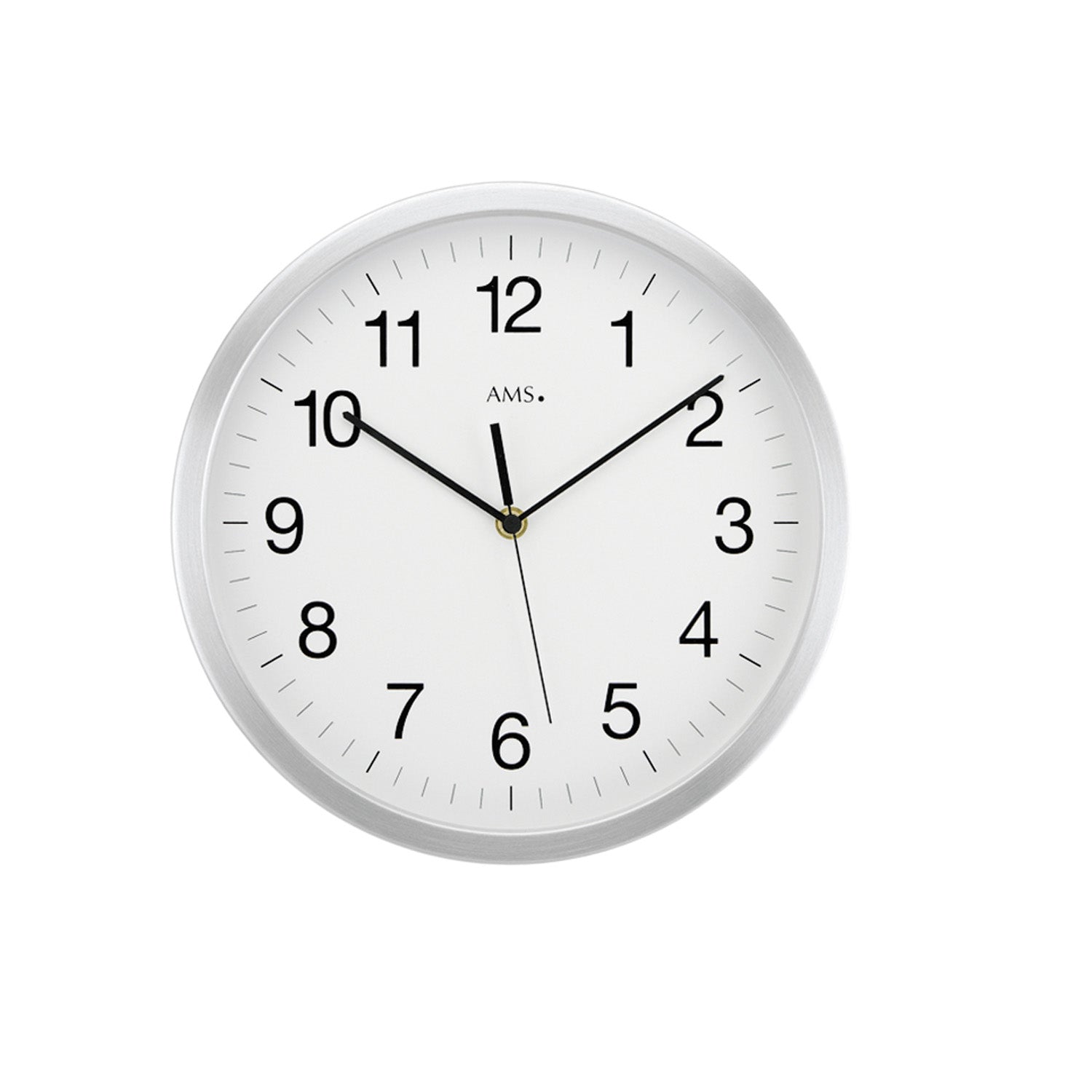 Runde Wanduhr mit weißem Zifferblatt, schwarzen Zahlen und Zeigern, silbernem Rahmen