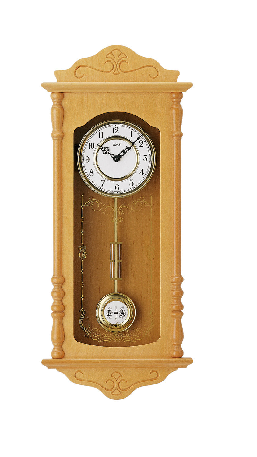 Wanduhr aus hellem Holz mit rundem Zifferblatt und sichtbarem Pendel