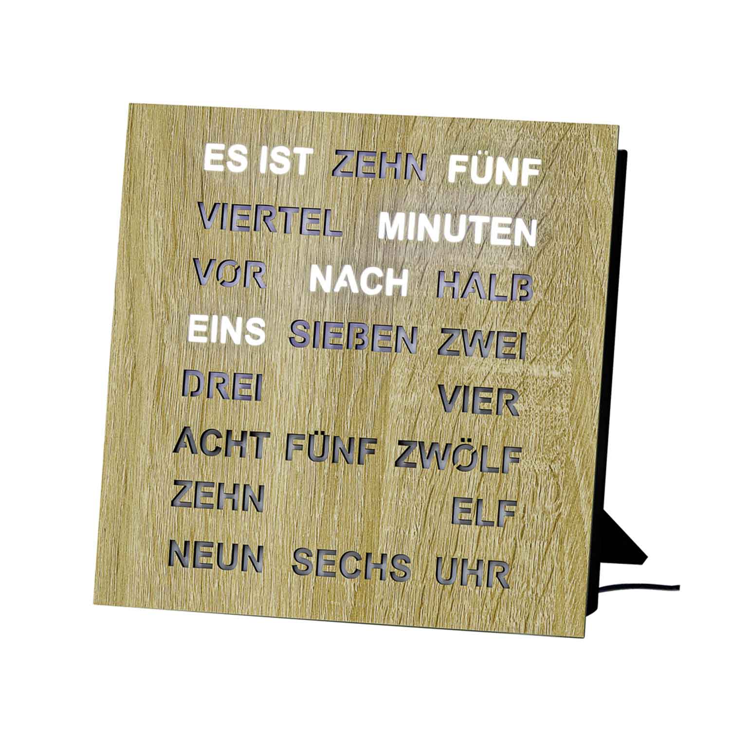 Wanduhr mit LED-Wortanzeige in Holzoptik