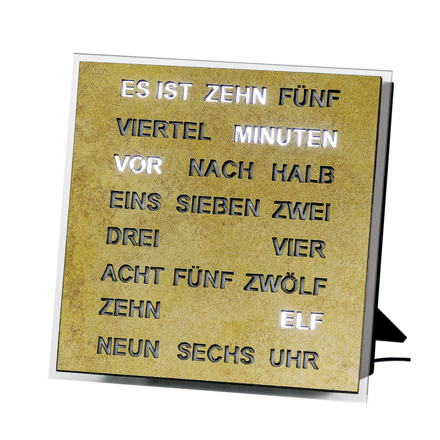 Wanduhr mit LED-Wortanzeige, Messingantik-Rahmen und beleuchteten Buchstaben