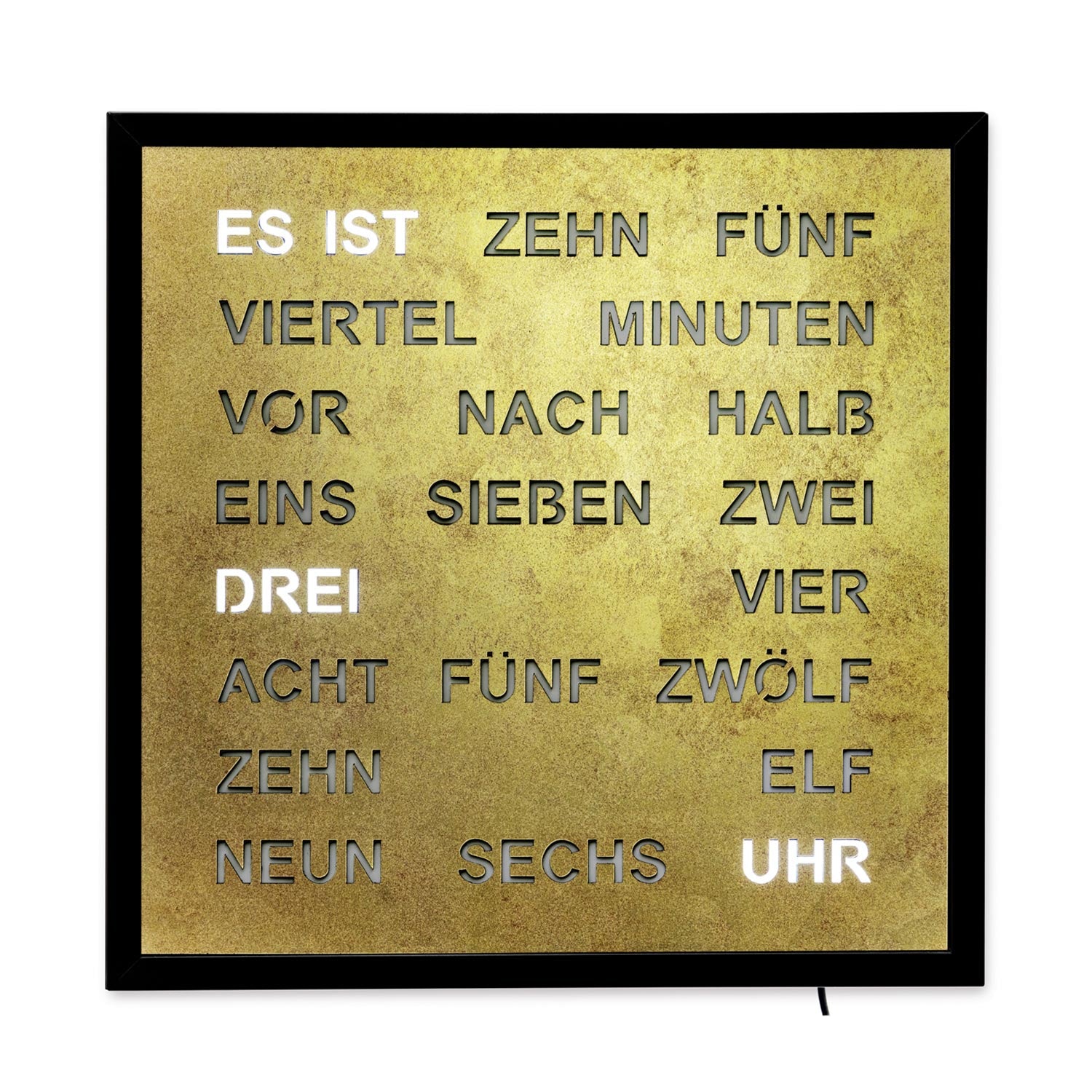 Wanduhr mit LED-Wortanzeige, goldfarbenes Ziffernfeld mit Wortzeit