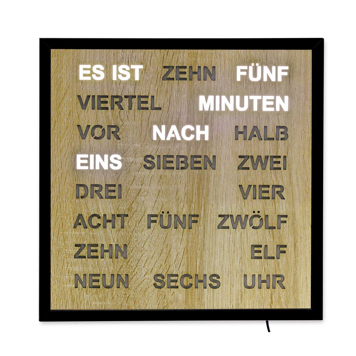 Wanduhr Holzoptik mit LED-Wortanzeige und schwarzem Rahmen
