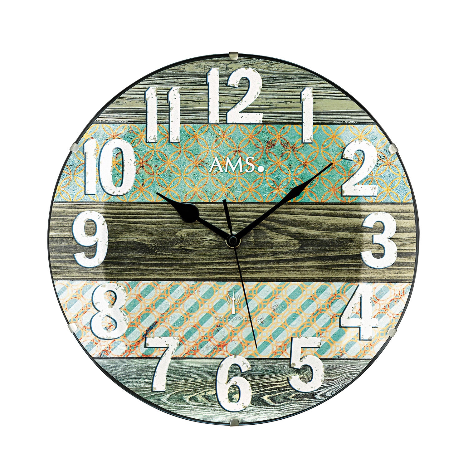 Funk-Wanduhr mit bedrucktem Zifferblatt, arabischen Ziffern und schwarzen Zeigern.