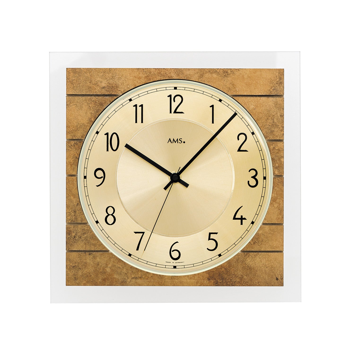 Wanduhr mit Holz- und Messingrahmen, runder Ziffernblatt mit arabischen Zahlen