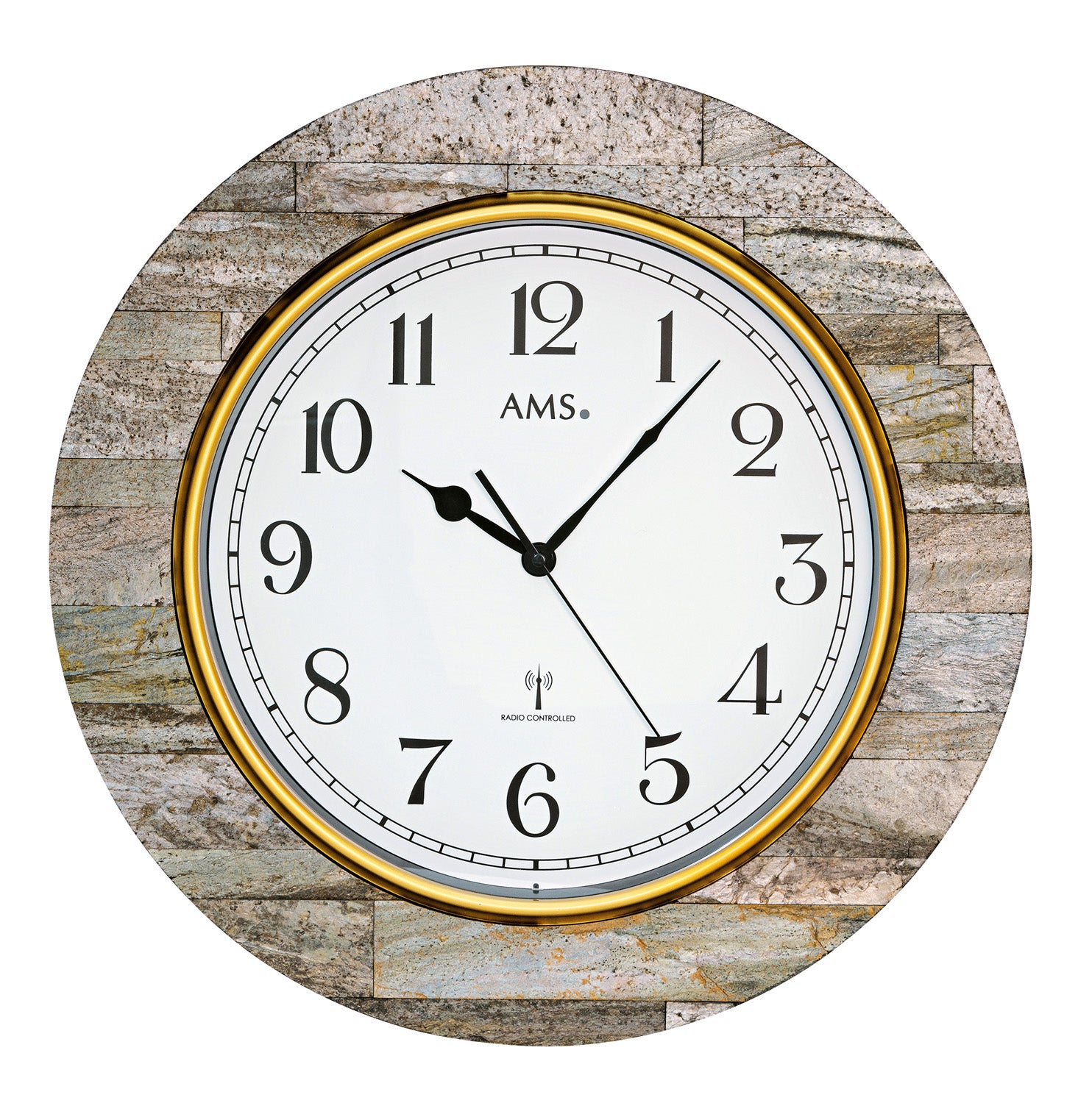 Wanduhr mit weißem Zifferblatt, goldfarbigem Rahmen und schwarzen Zeigern, Mineralglas