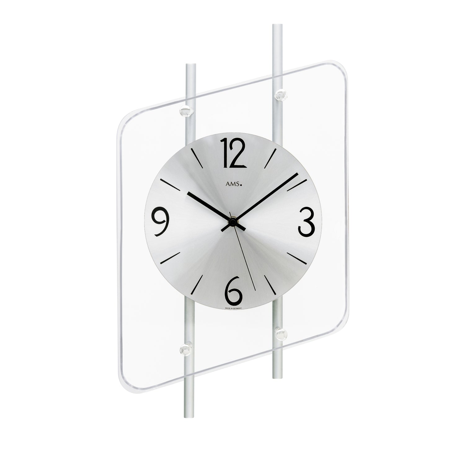 Wanduhr mit rechteckigem Rahmen und rundem Zifferblatt, schwarze Zeiger und Ziffern