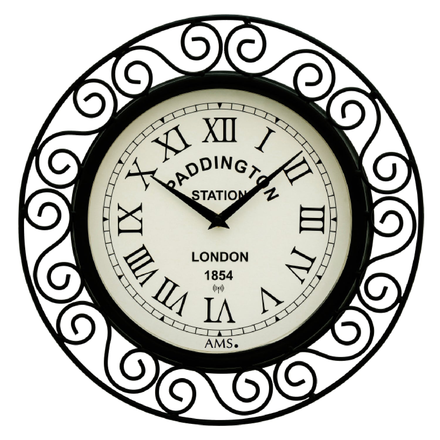 AMS Funk-Wanduhr mit rundem schwarzem Zierrahmen, beigem Ziffernblatt, römischen Zahlen und Zeigern