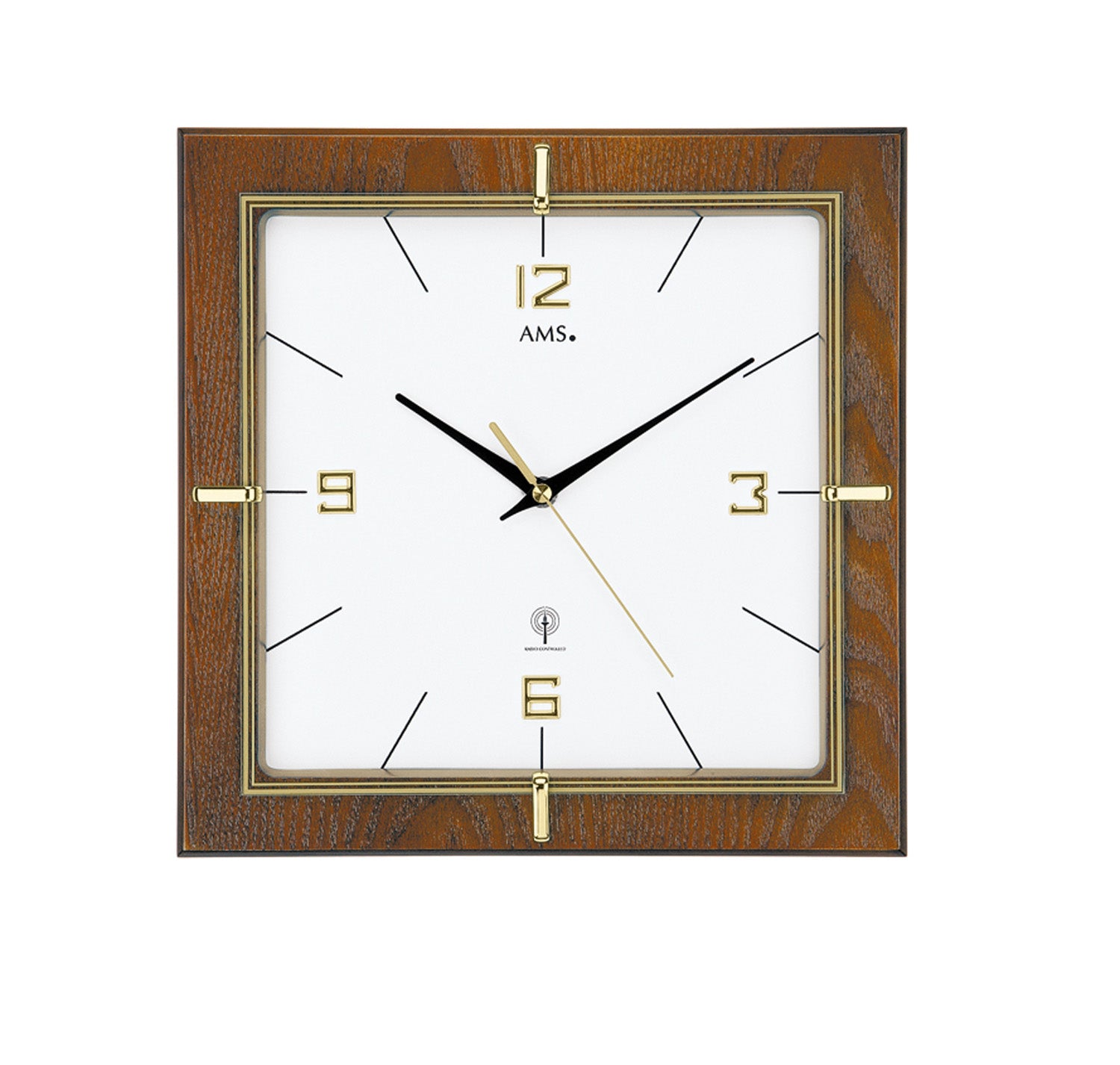 Quadratische Wanduhr mit Nussbaumrahmen und Mineralglas, goldene Zeiger und Dekor