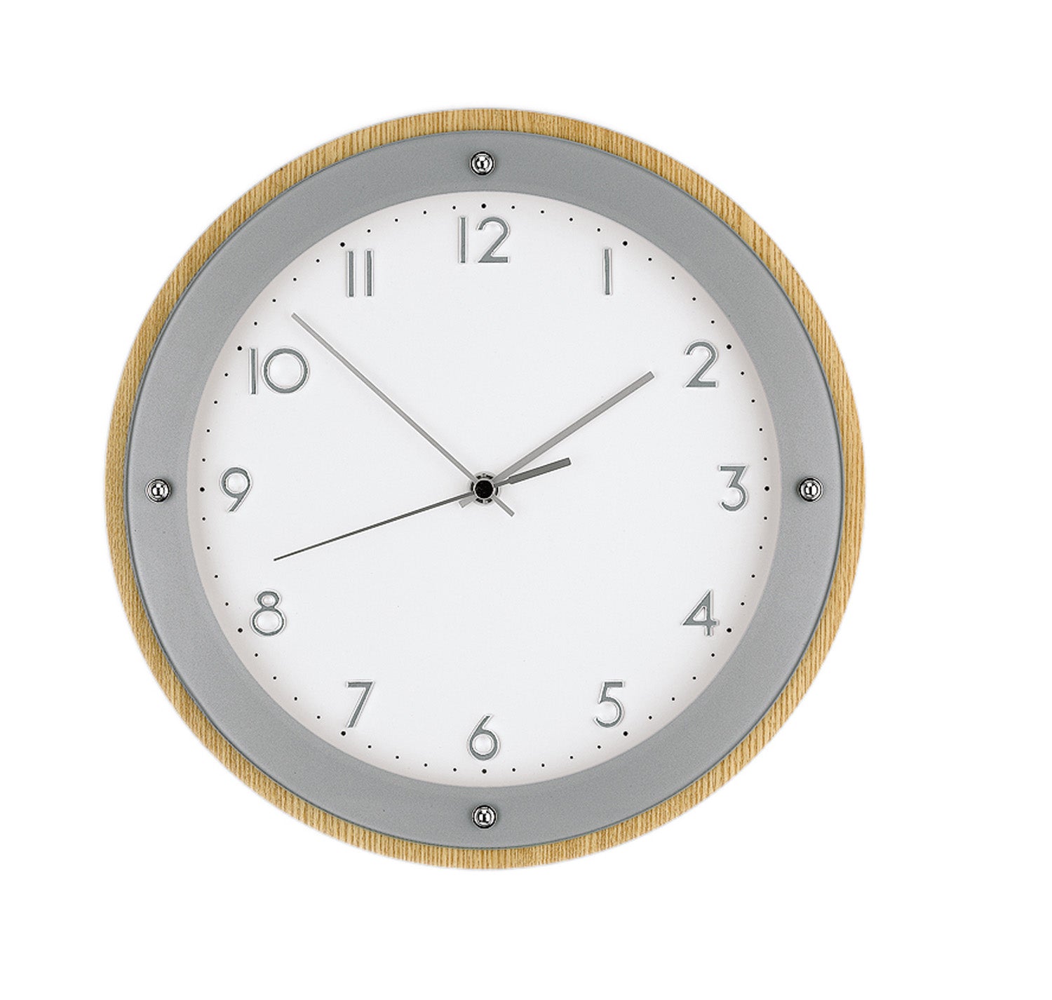 Wanduhr mit Holzrahmen, hellem Zifferblatt und aufgesetzten Zahlen, Zeiger und Sekundenmarken