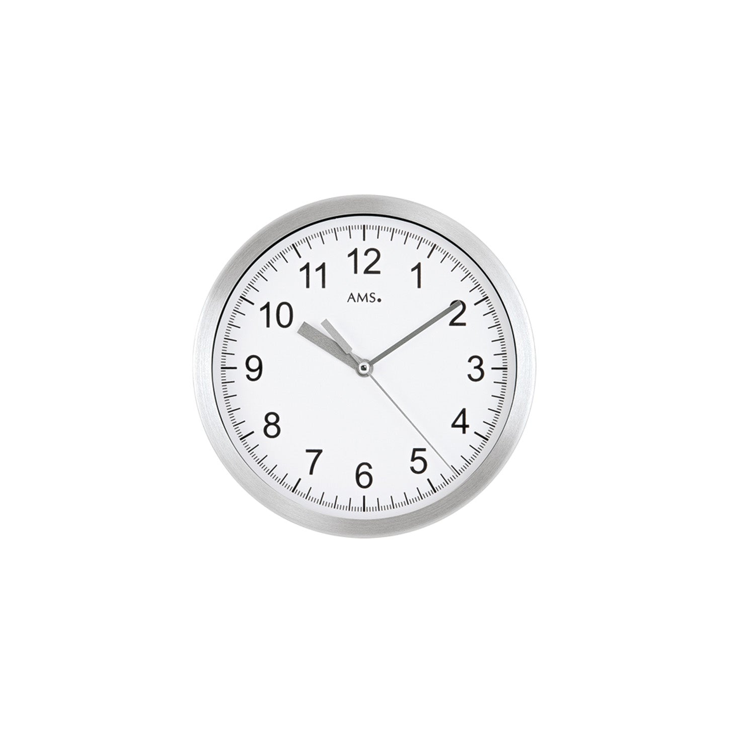 Runde Wanduhr mit weißem Zifferblatt und Aluminiumrahmen, AMS-Marke