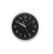 Runde Wanduhr mit schwarzem Zifferblatt, weißen Ziffern, AMS-Logo und grauem Metallrahmen