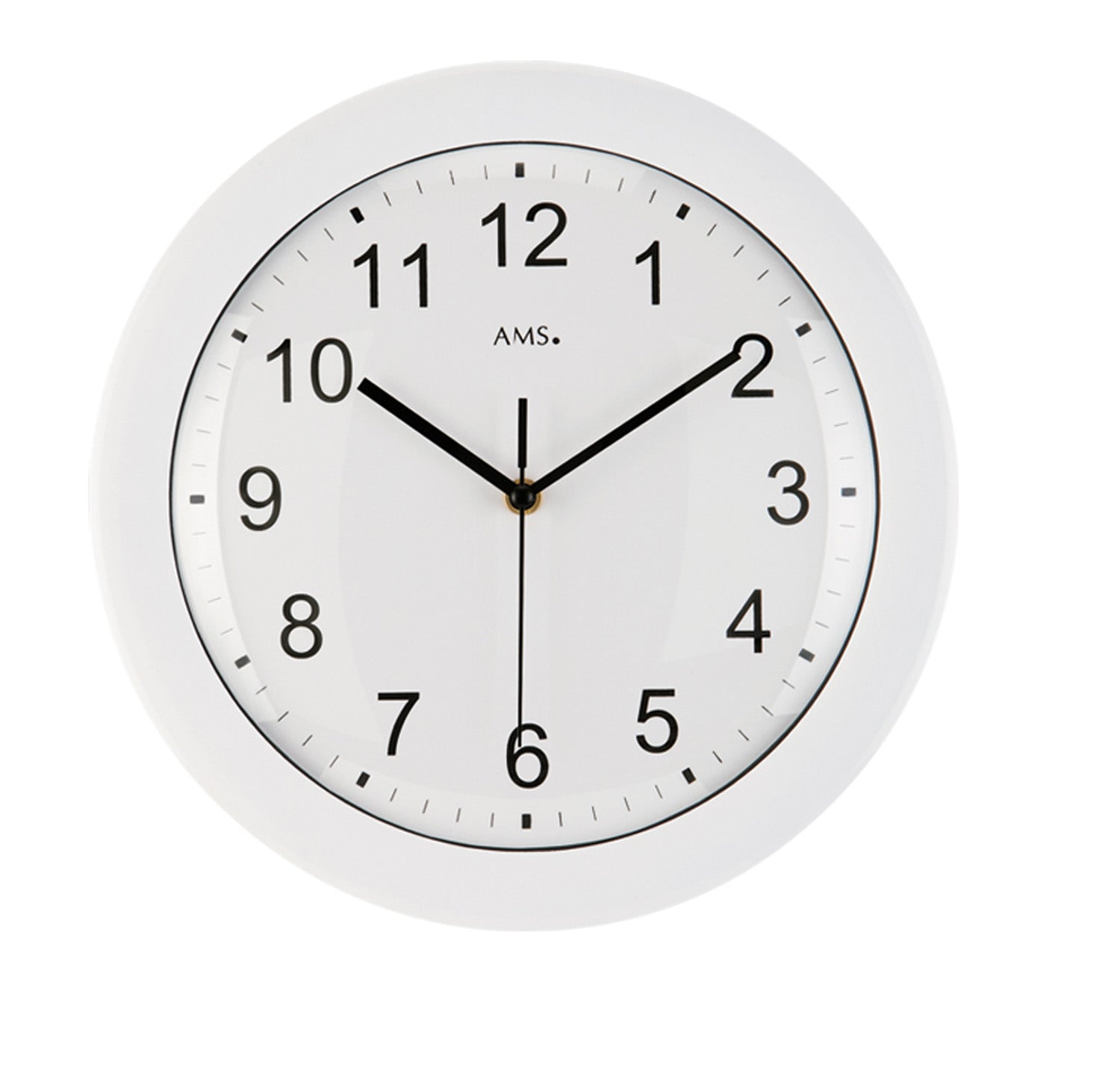 Weiße Funk-Wanduhr mit schwarzem Zifferblatt, römischen Ziffern und Zeigern