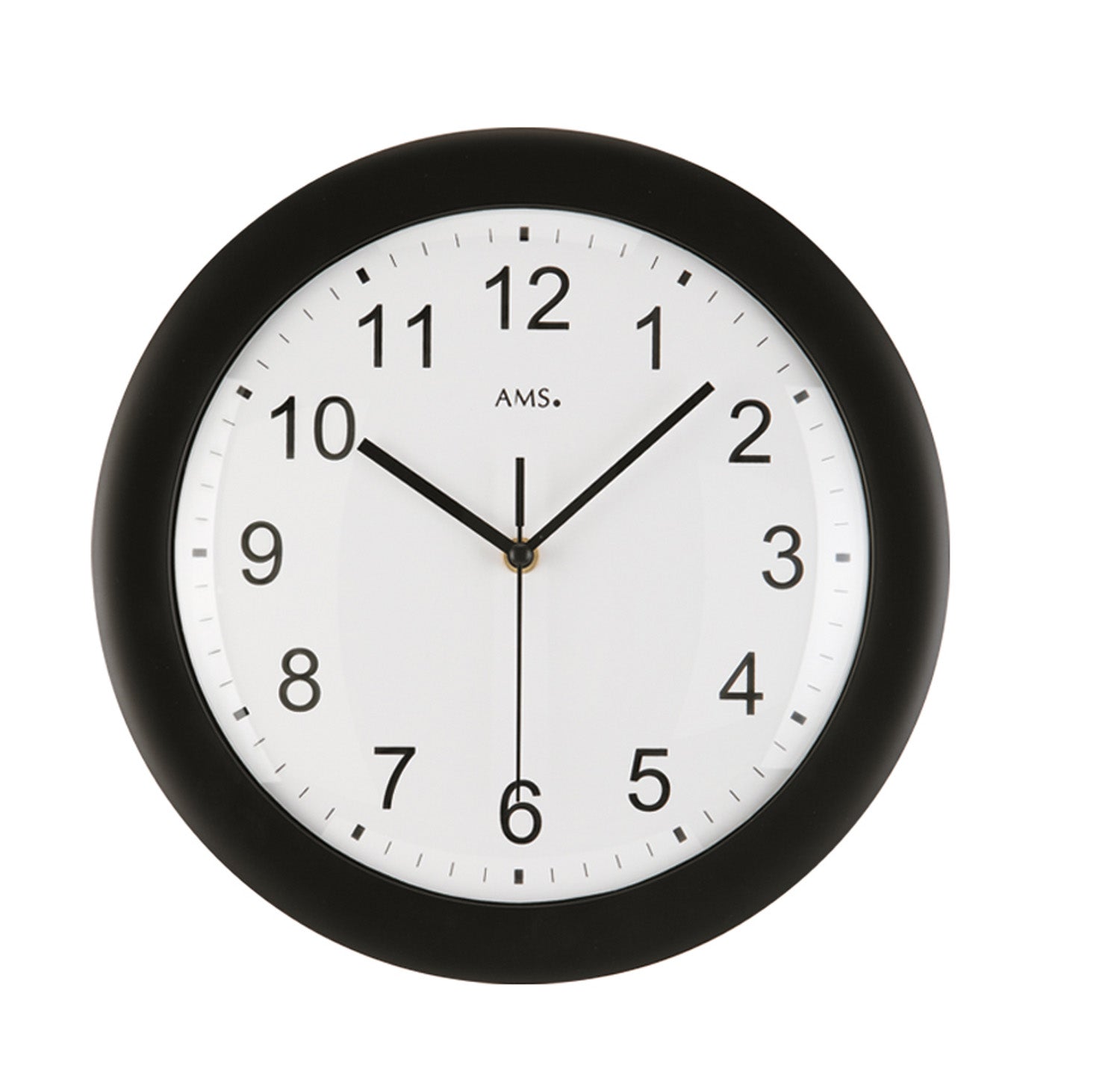 Schwarze Funk-Wanduhr mit weißem Zifferblatt und schwarzen Zeigern, rundes Gehäuse