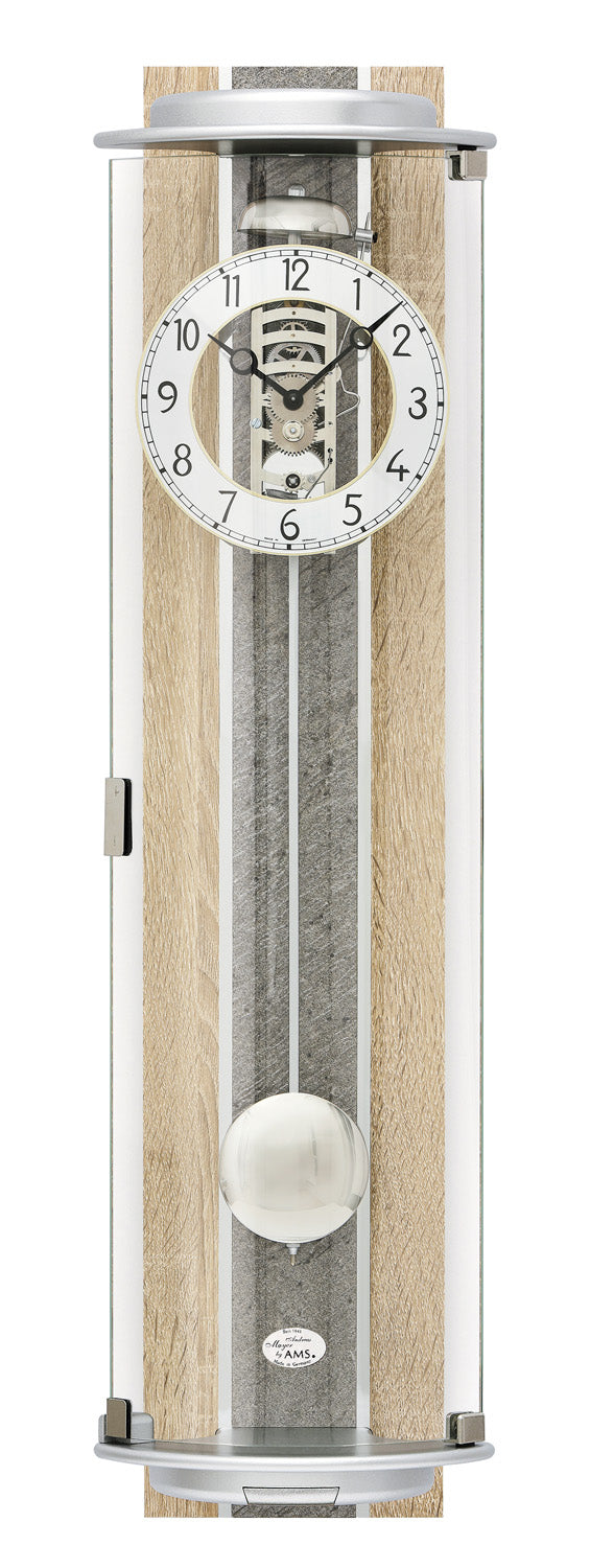 Wanduhr im Sonoma-Eiche-Look mit rundem Ziffernblatt, Pendel und Mineralglas
