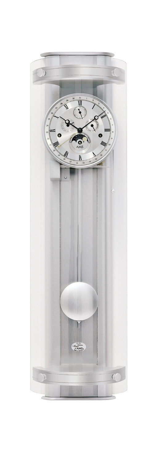 Silberne Regulator-Wanduhr mit Zifferblatt, Mondphase- und Datumsanzeige