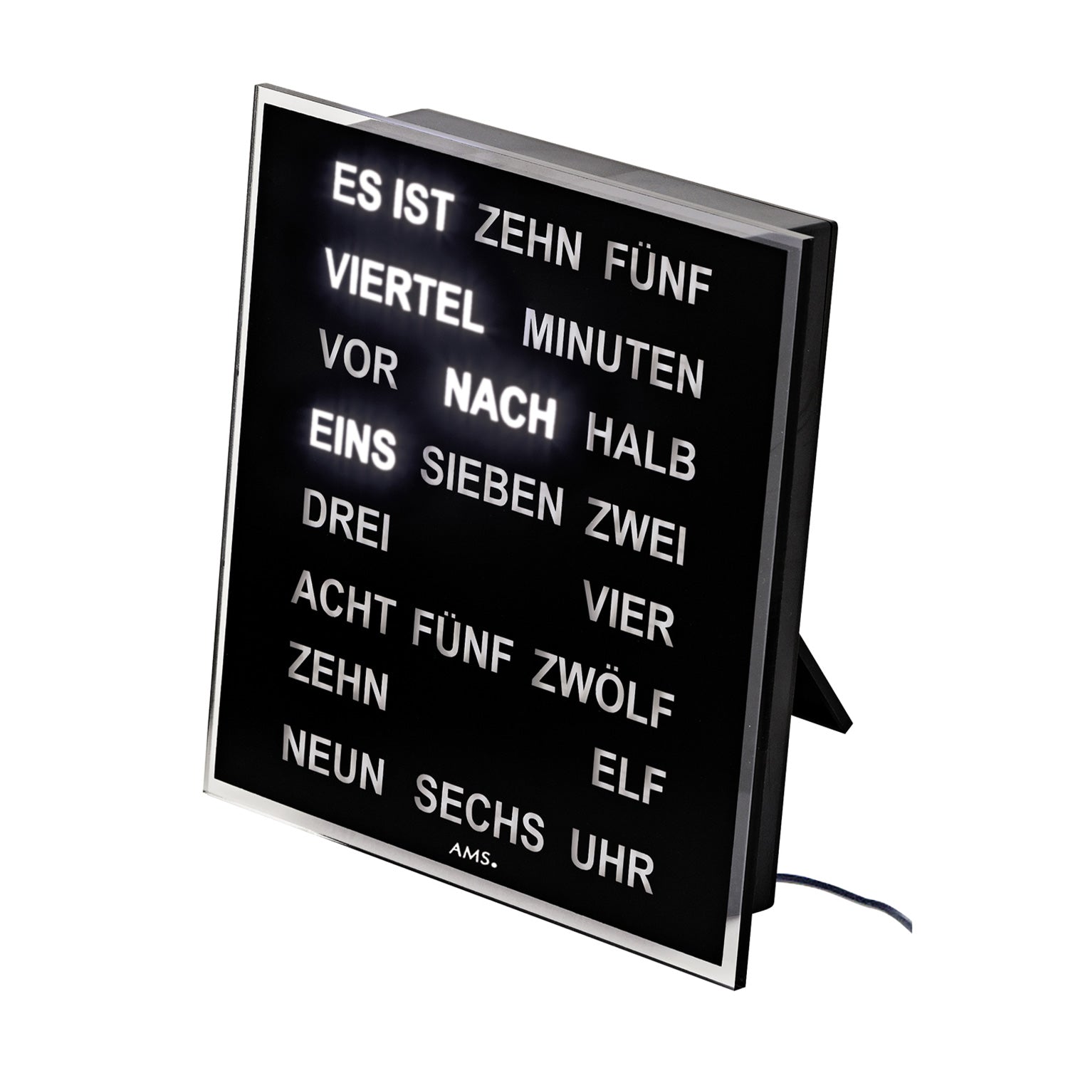 Wanduhr mit LED-Wortziffern, schwarzes Ziffernfeld mit leuchtenden Texten