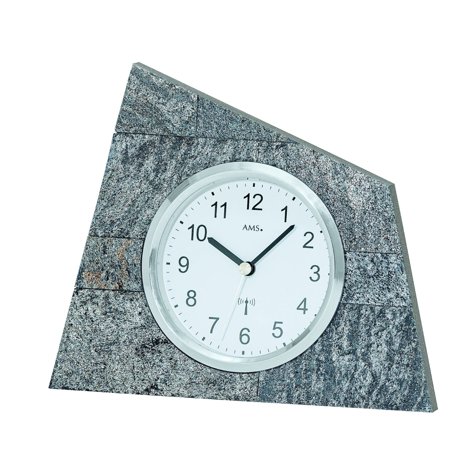 Tischuhr mit analogem Zifferblatt und grauem Naturstein-Gehäuse, runde Front