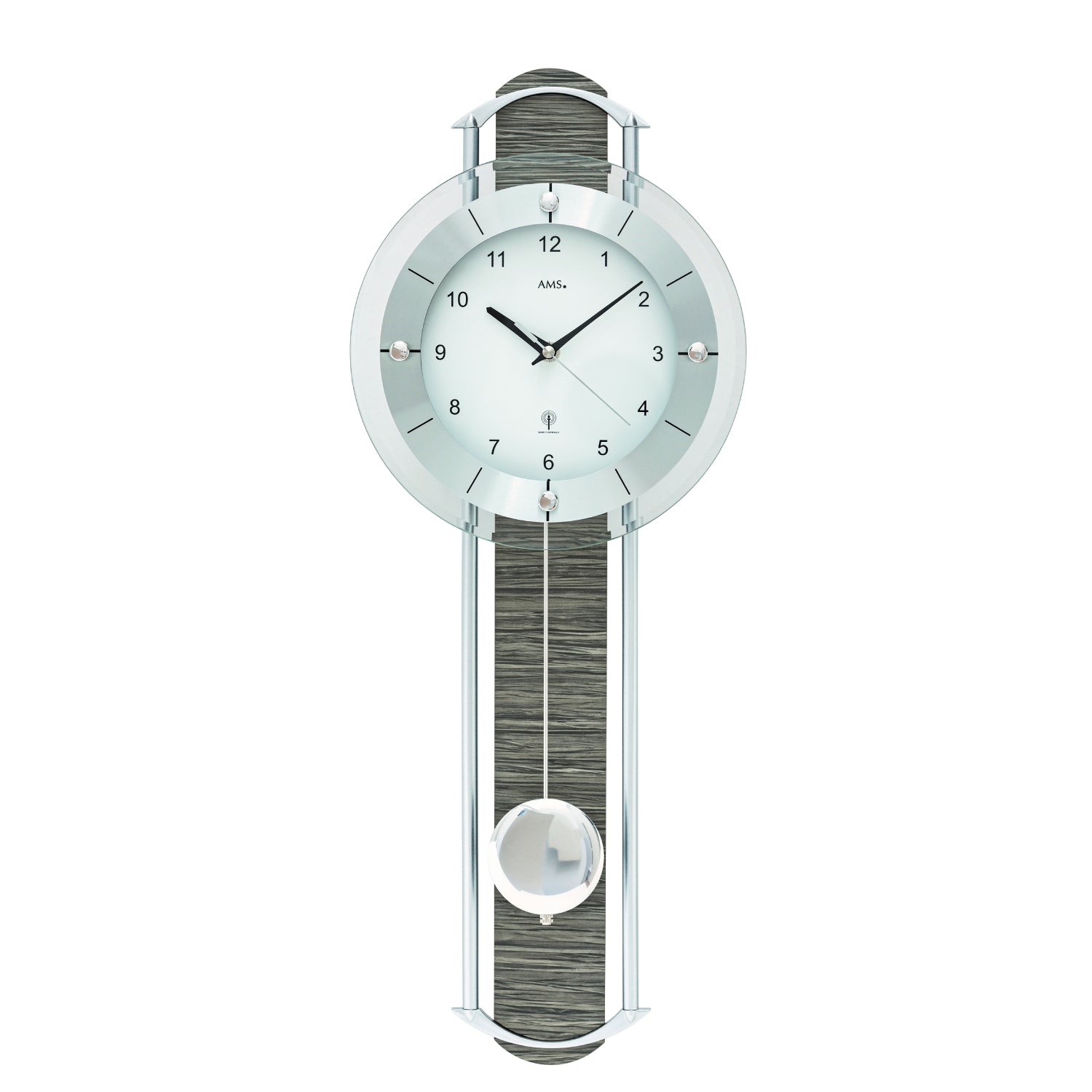 Wanduhr mit rundem Glaszifferblatt und Pendelwerk, Metallrahmen, graues Pendel
