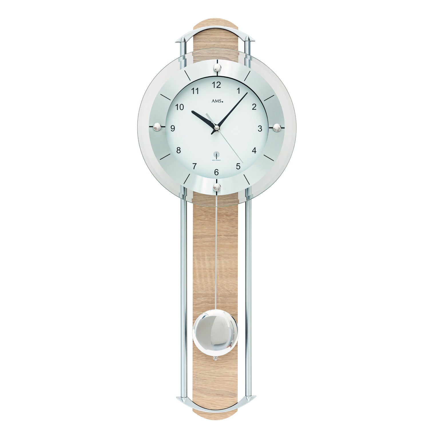 Wanduhr mit rundem Zifferblatt, mineralglasfront und Holz-Einlage, Pendel sichtbar