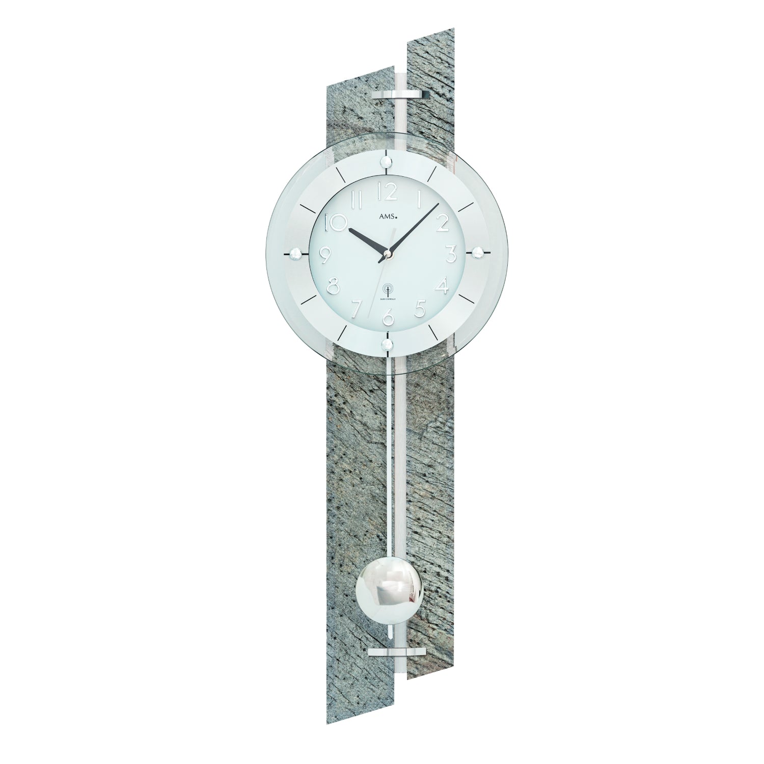 Wanduhr mit rundem Glaszifferblatt, Pendel und Steinsockel