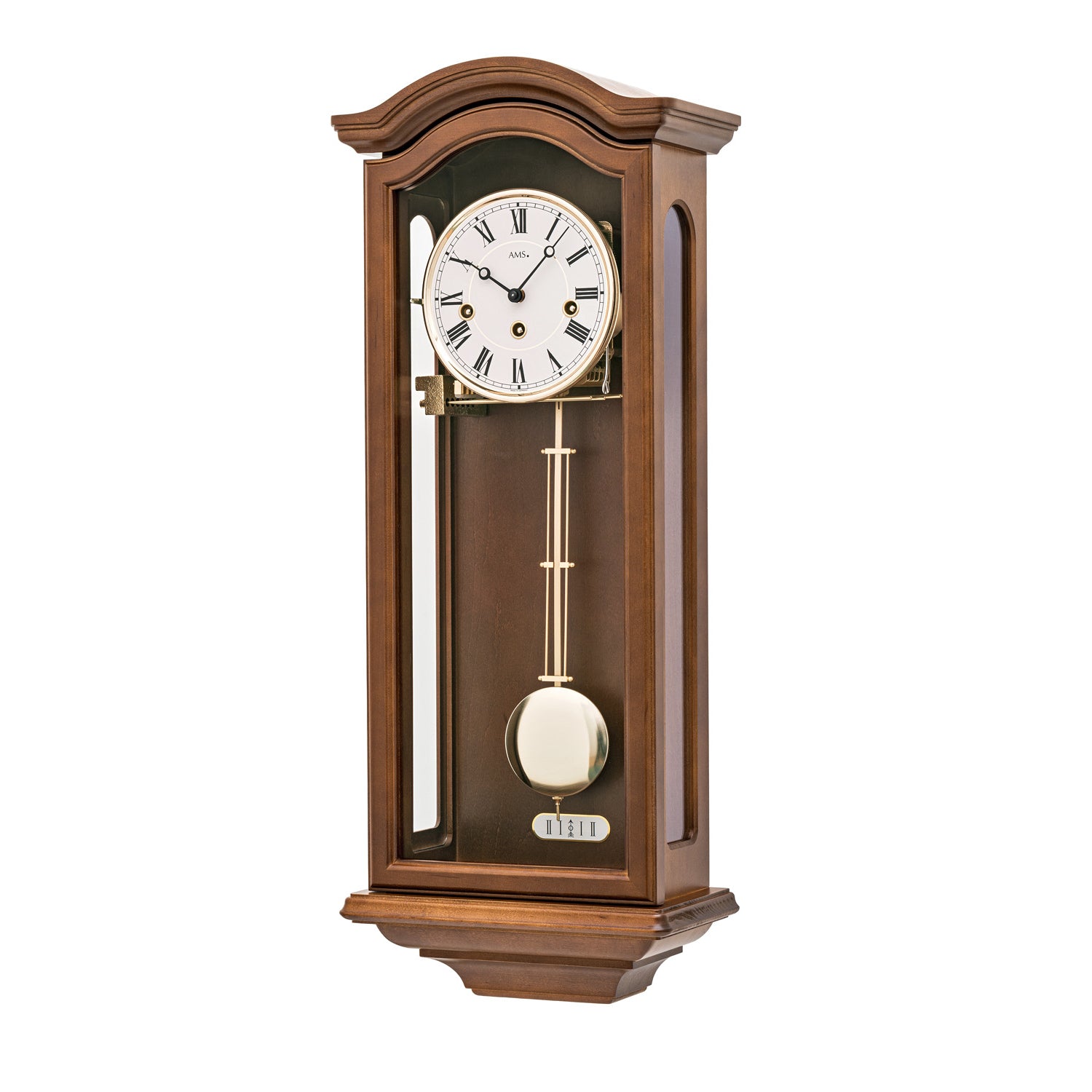 Nussbaumfarbene Regulator-Wanduhr mit rundem Zifferblatt, Glasfront und Pendel