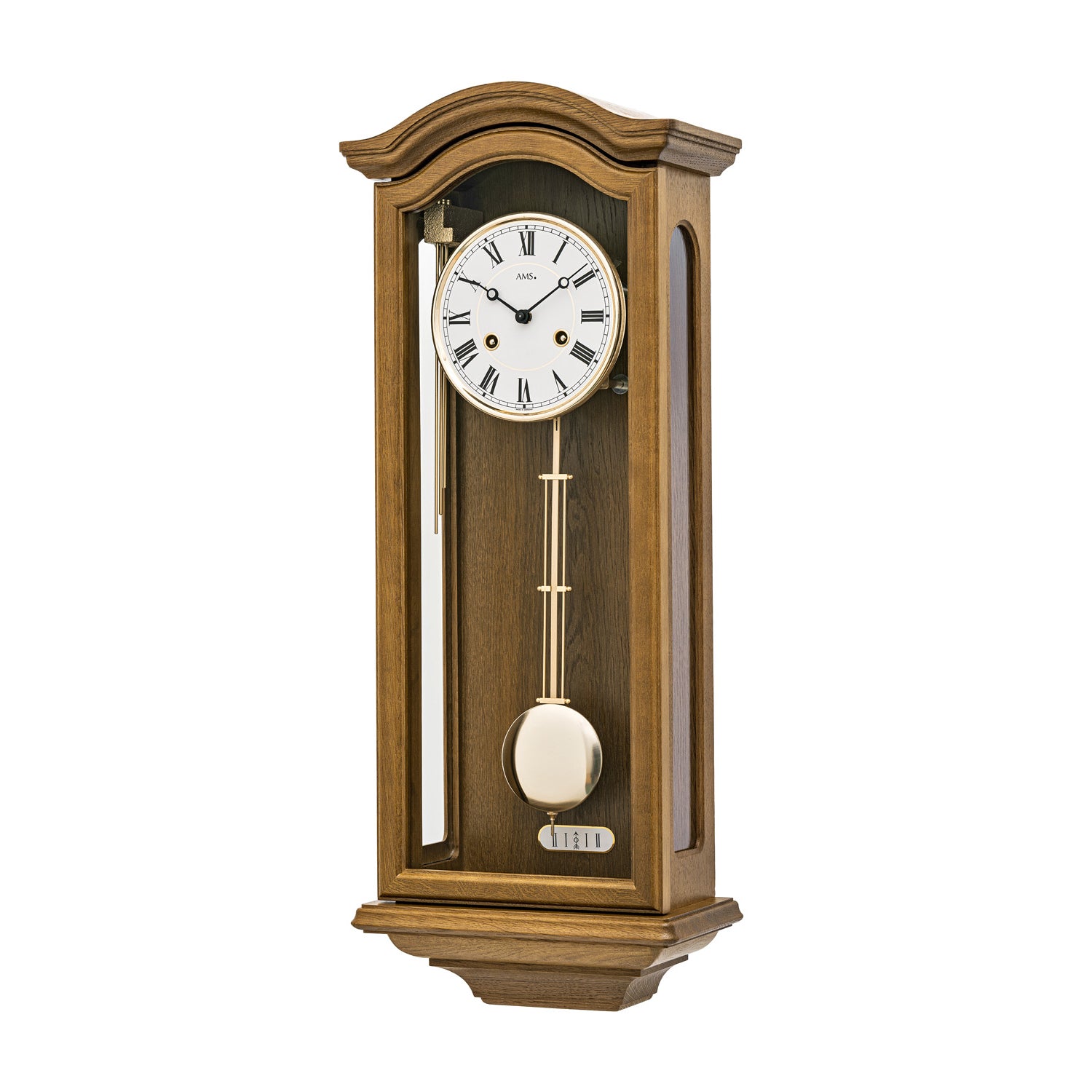Wanduhr aus Holz mit weißem Zifferblatt und Pendel