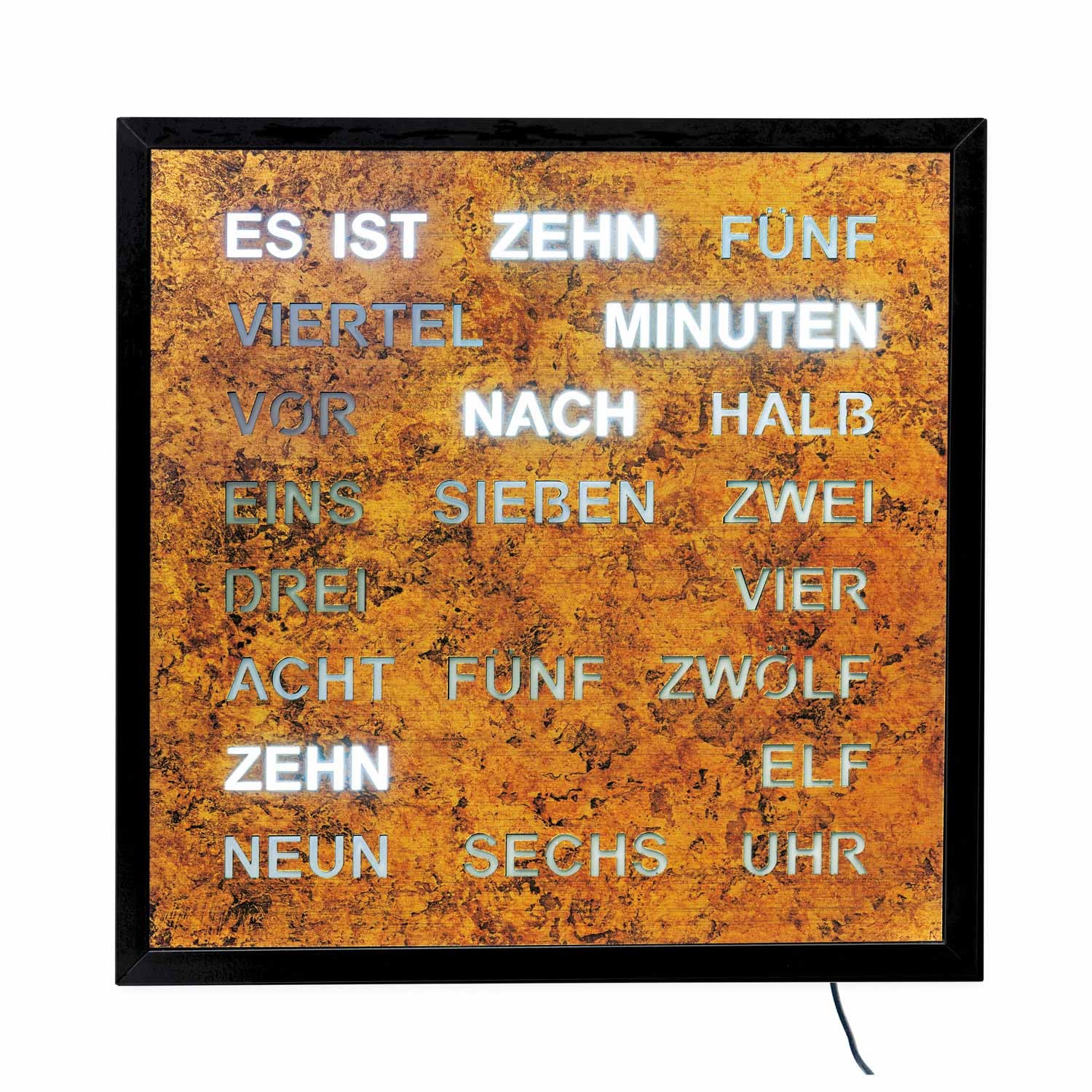 Wanduhr mit LED-Wortanzeige, goldbraunes Ziffernfeld, schwarzer Rahmen, Kabelanschluss