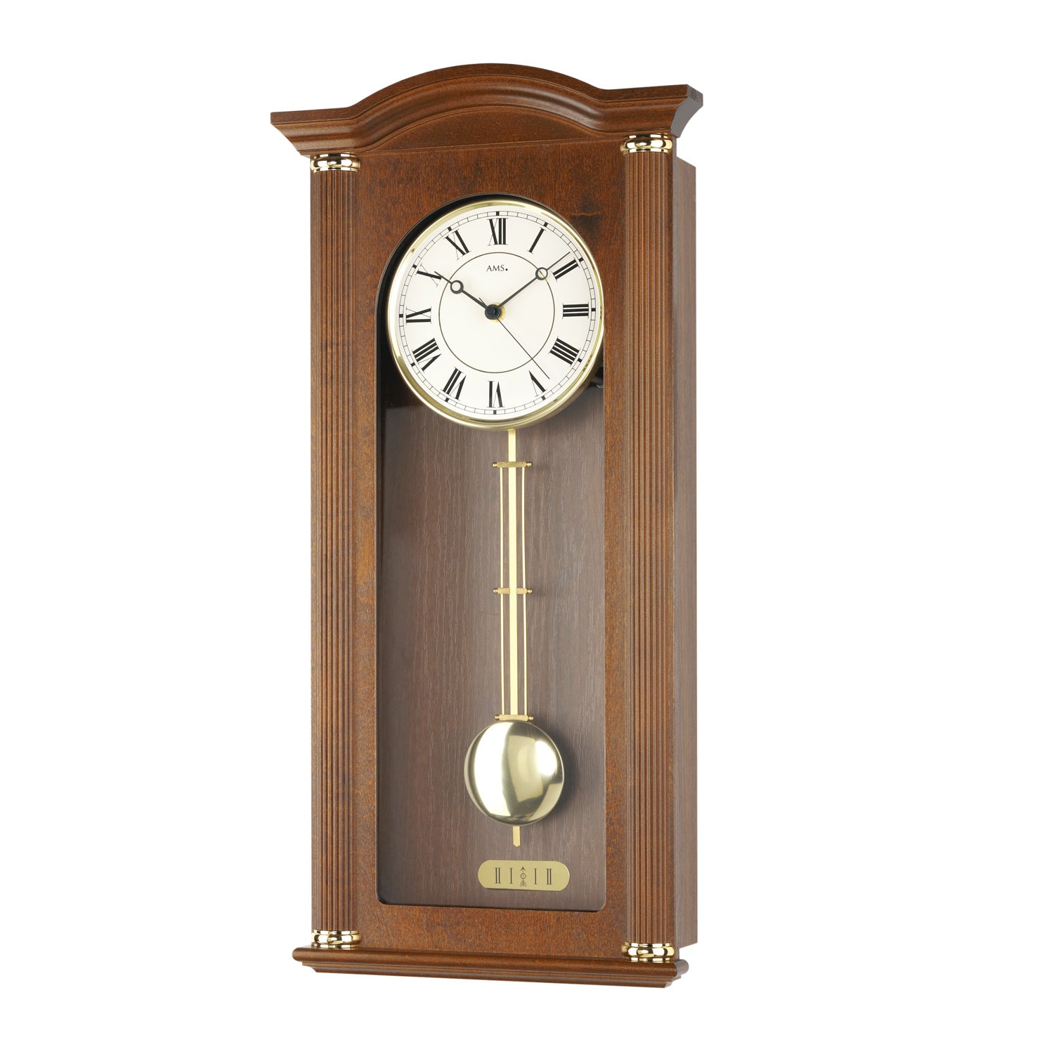 Wanduhr mit Nussbaumgehäuse, Zifferblatt und offenem Pendelwerk mit Gewichten.