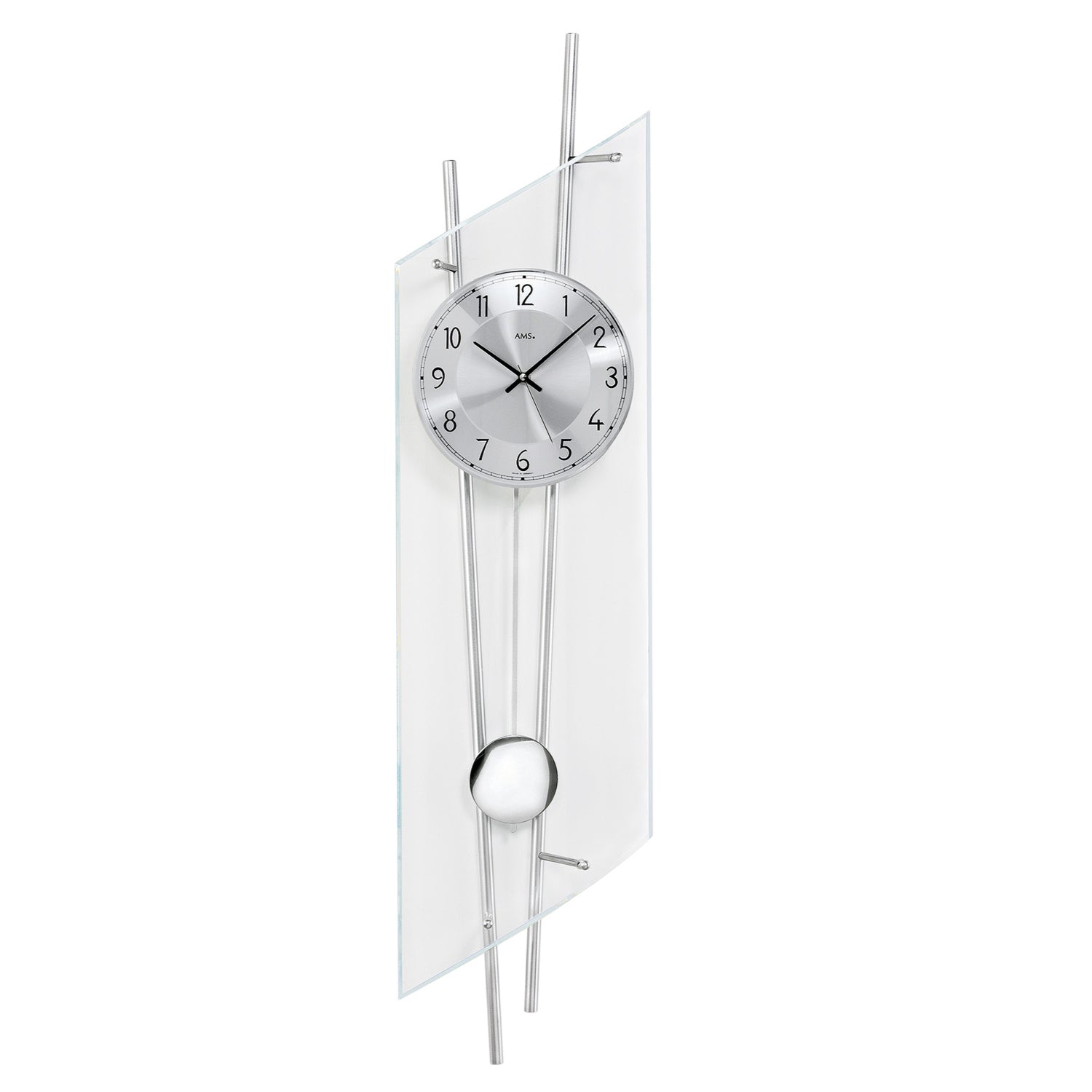 Wanduhr mit rundem Ziffernblatt, silbernem Pendel und transparentem Glas