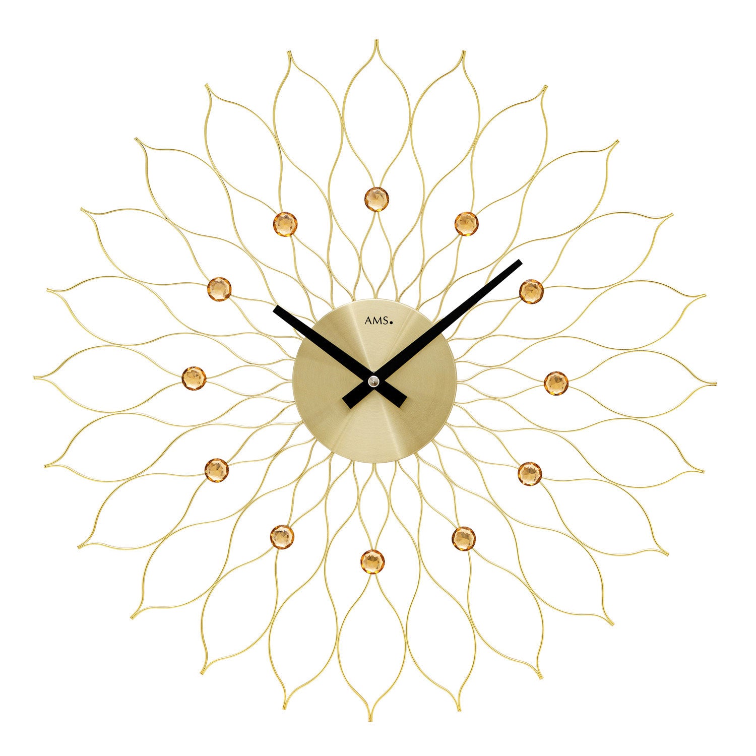 Wanduhr mit goldfarbenem Metallgehäuse, römischem Zifferblatt und Sonnenform, Quarzwerk