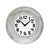 Runde Wanduhr mit silbernem Keramikgehäuse, weißem Ziffernblatt und schwarzen Zeigern
