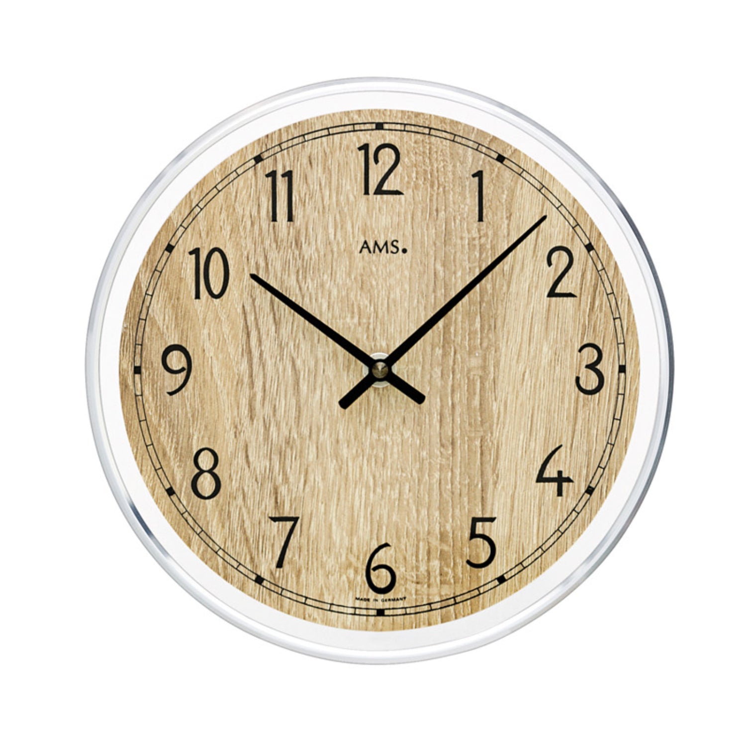 Wanduhr mit Sonoma-Eiche-Zifferblatt, schwarzen Zeigern, Aluminiumring und Mineralglas.