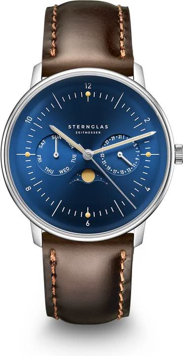 Herrenuhr mit blauem Zifferblatt, braunem Lederarmband und silbernem Gehäuse