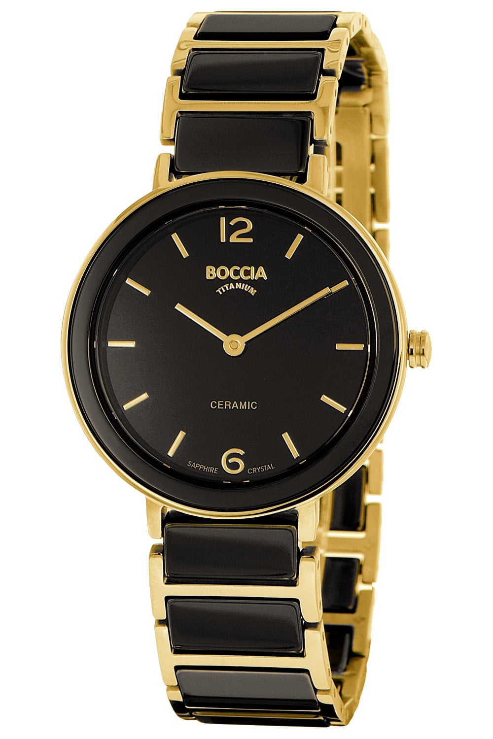 Boccia Damenarmbanduhr mit schwarzem Zifferblatt und Keramikband, rechteckige Akzente