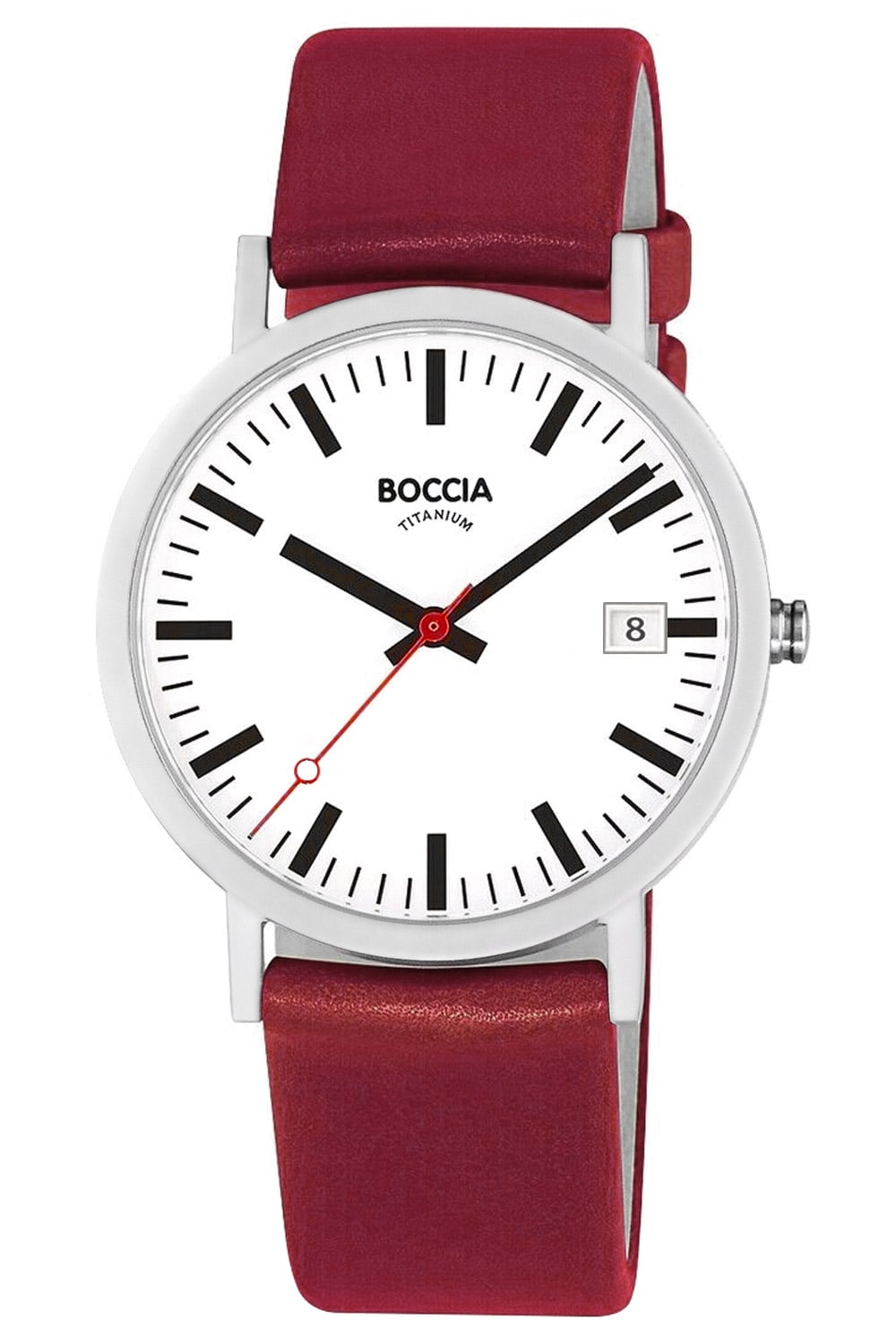 Boccia Classic 3670-03 Herren Armbanduhr Rot • Bahnhofsuhrdesign • Leichtes Titangehäuse