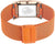 Damenuhr Schließe am Armband, orangefarbenes Milanaisegewebe mit Bering-Prägung.