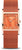 Damenuhr mit rechteckigem Gehäuse, orangefarbenem Zifferblatt und Milanaise-Armband.